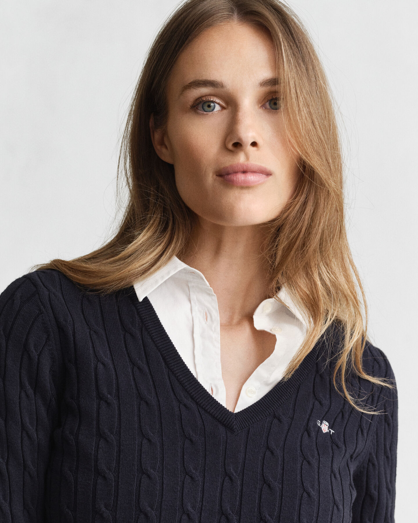 Stretch Cotton Cable Knit V-Neck Sweater