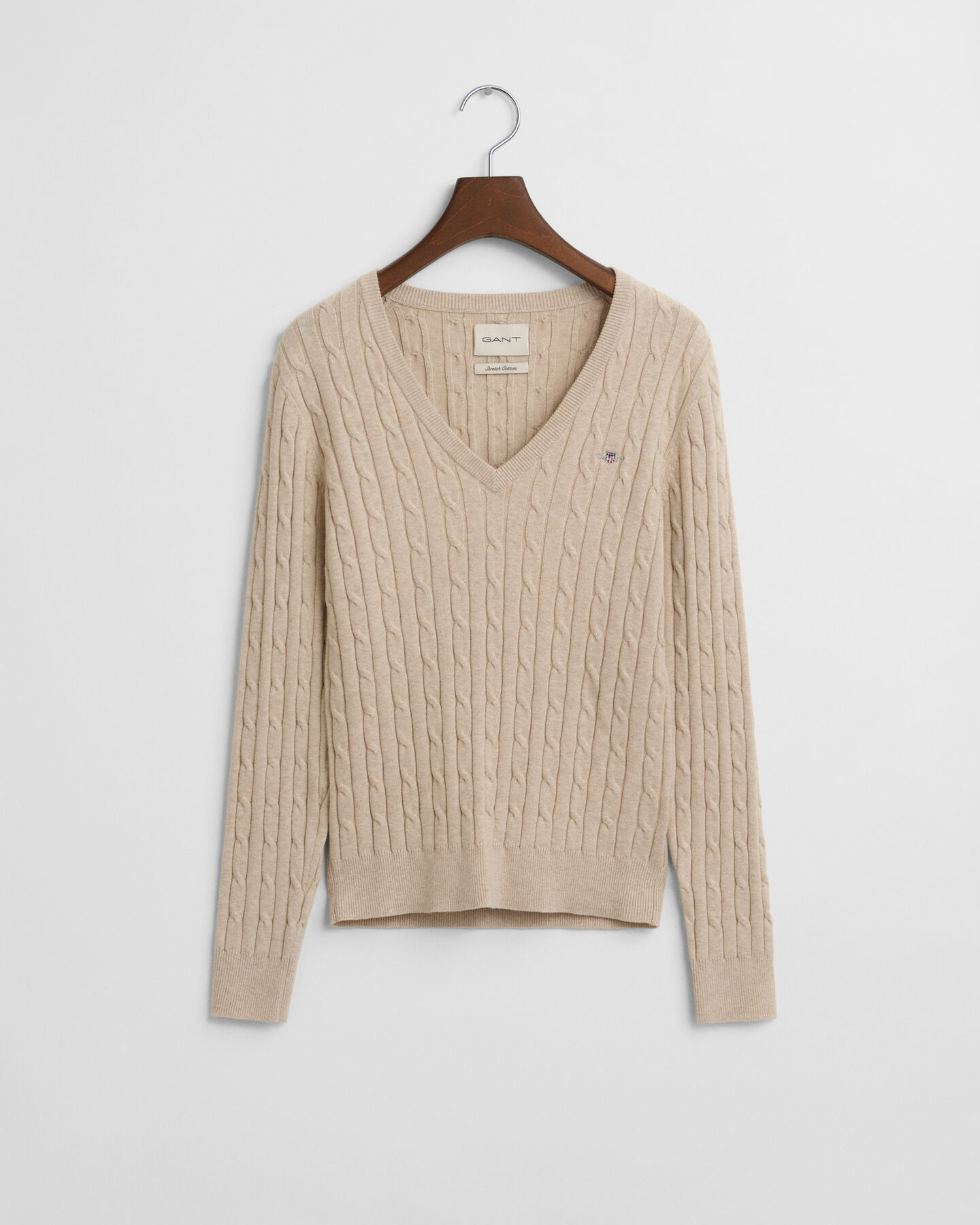 Stretch Cotton Cable Knit V-Neck Sweater
