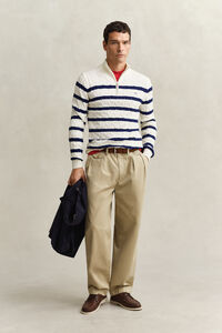 Striped Cotton Cable Knit Half-Zip Sweater