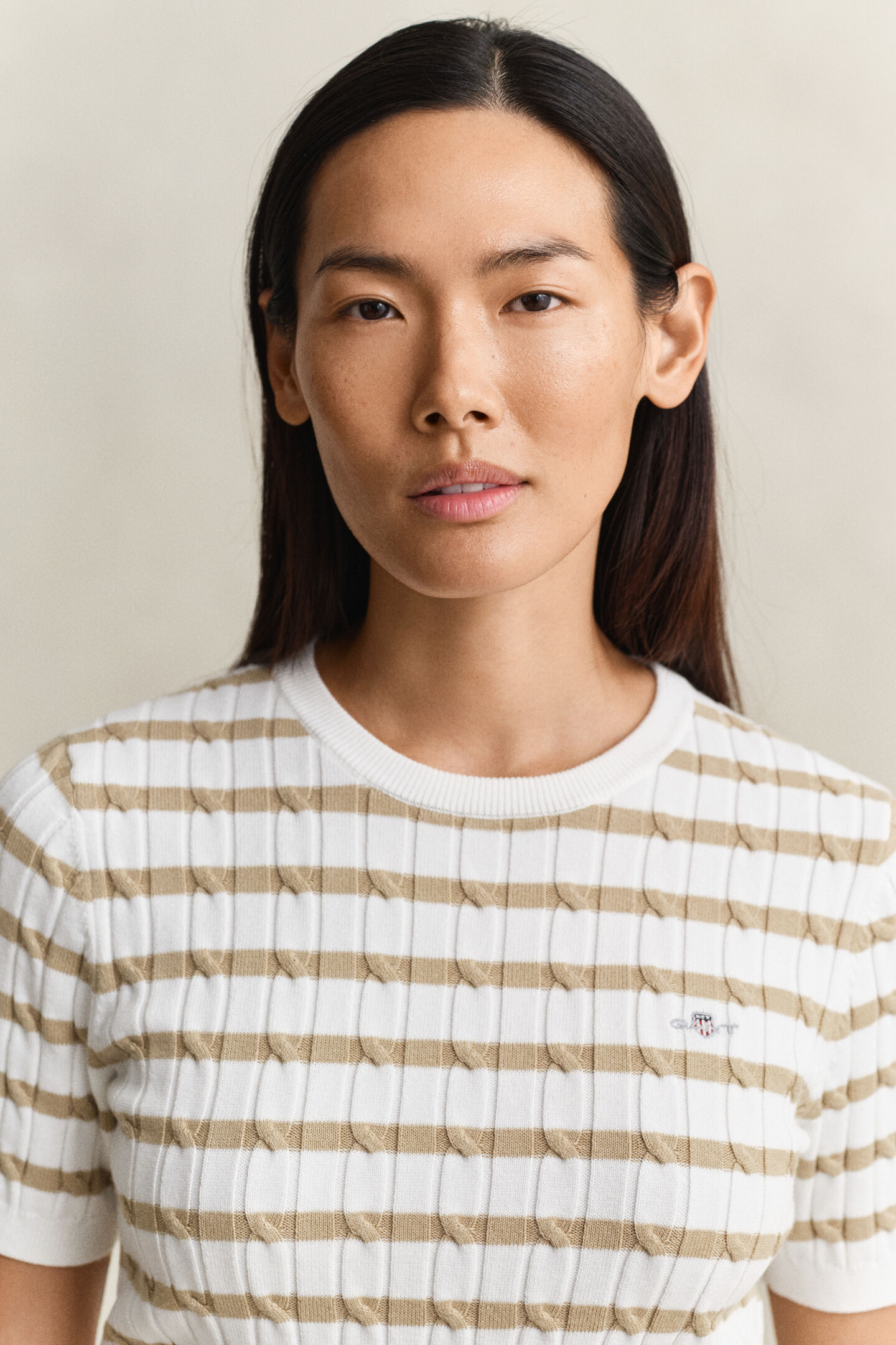 Striped Cable Knit Short Sleeve Sweater