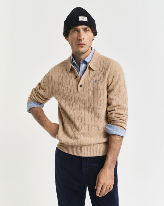 Lambswool Cable Knit Polo Sweater