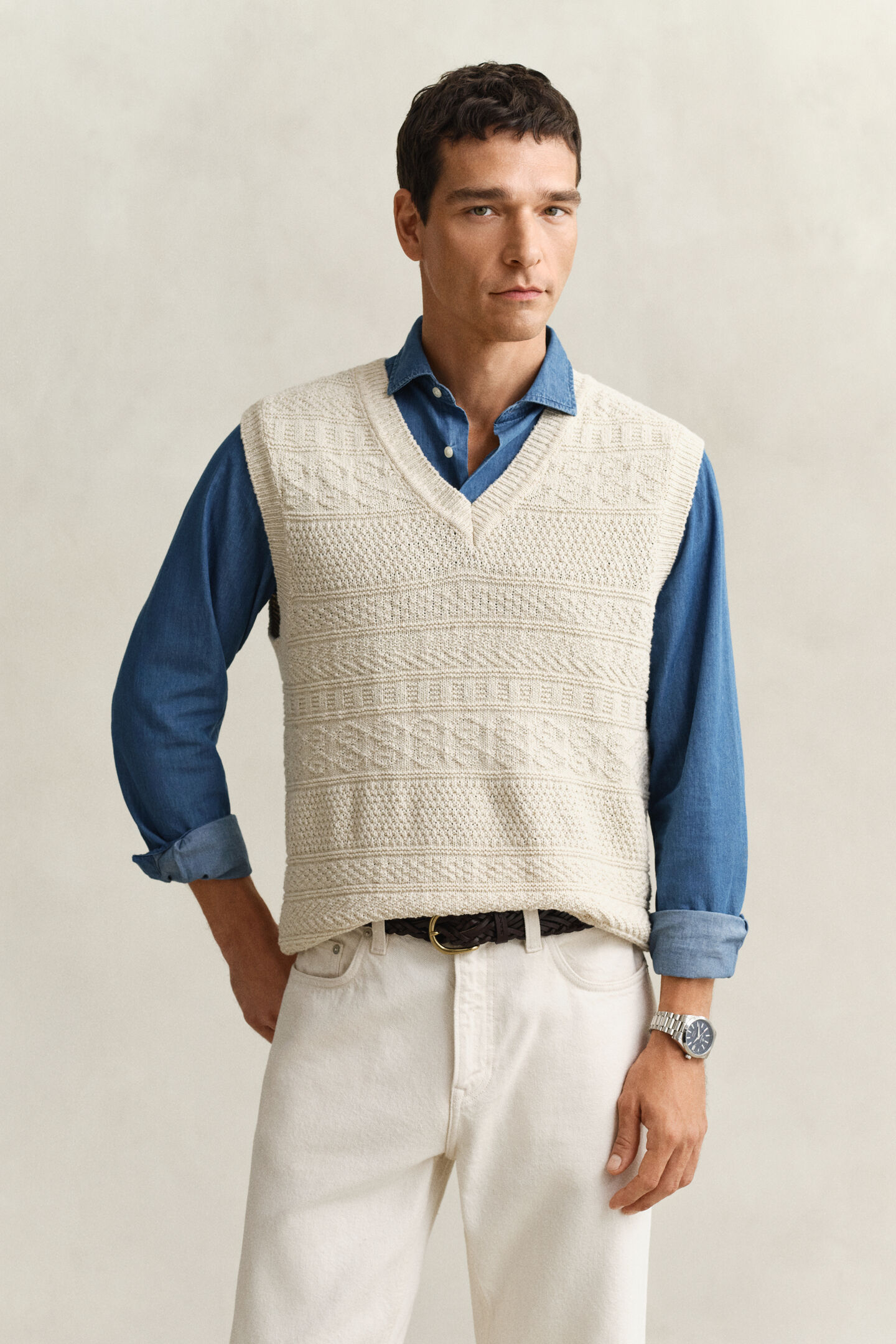 Textured Cotton Blend Vest