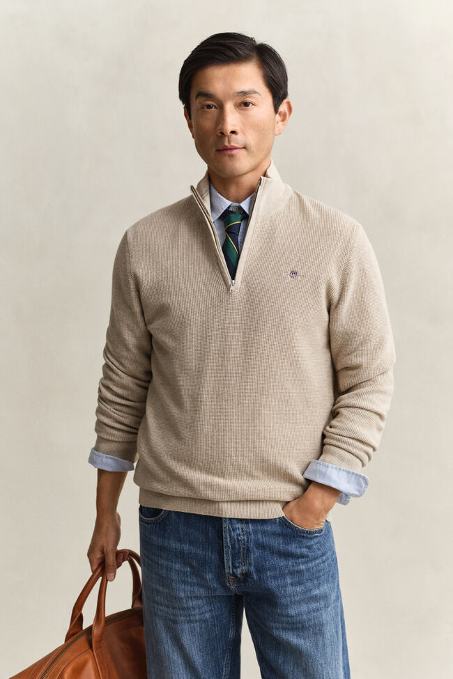 Textured Cotton Half-Zip Sweater