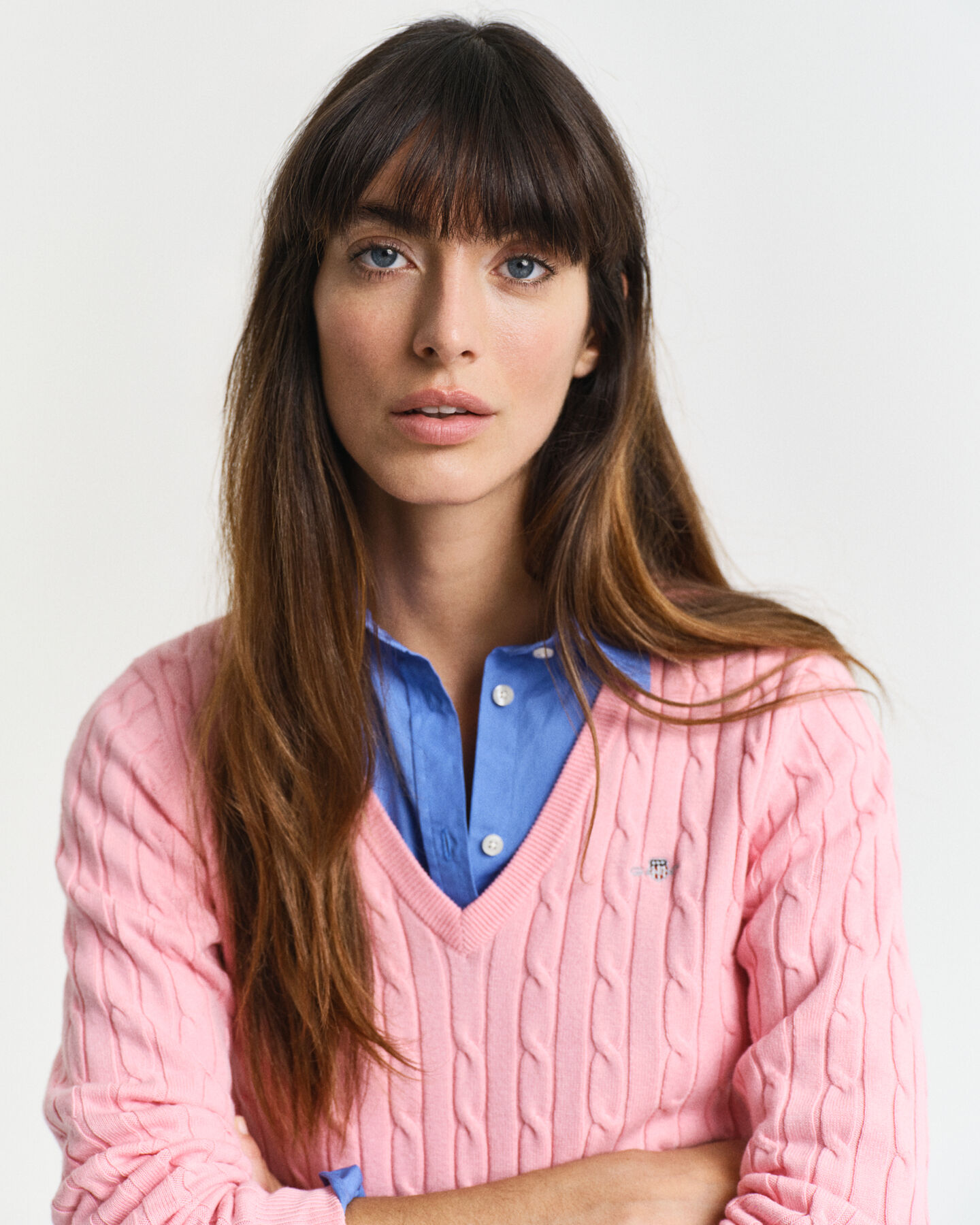 Stretch Cotton Cable Knit V-Neck Sweater