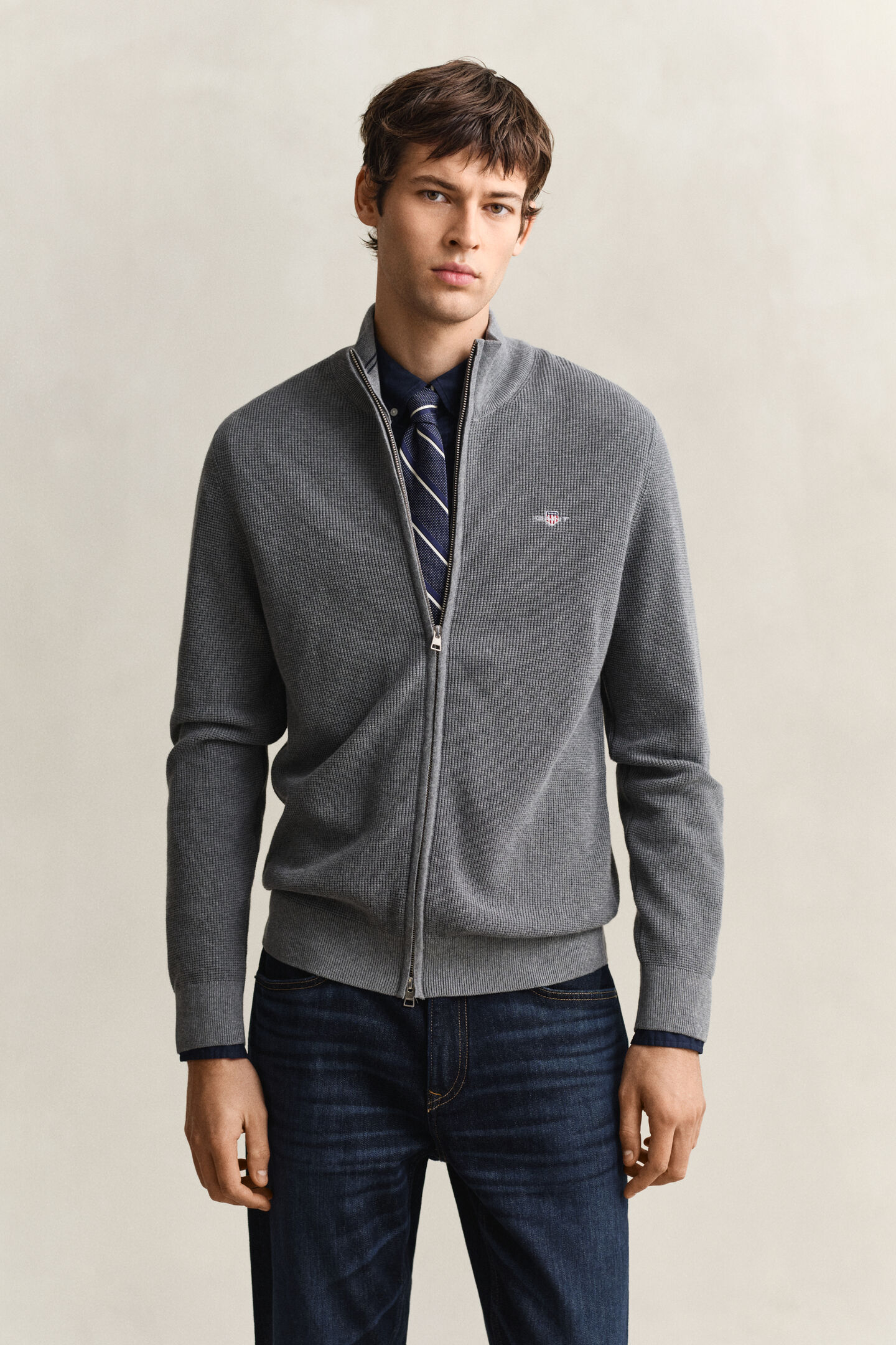Textured Cotton Zip Cardigan