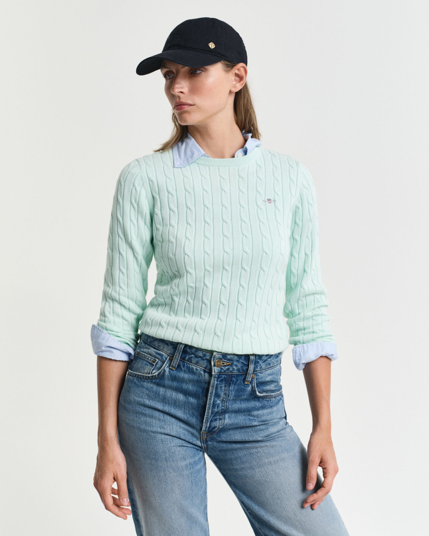 Stretch Cotton Cable Knit Crew Neck Sweater