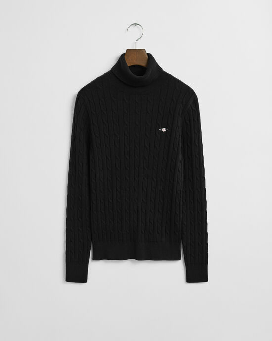 Stretch Cotton Cable Knit Turtleneck Sweater