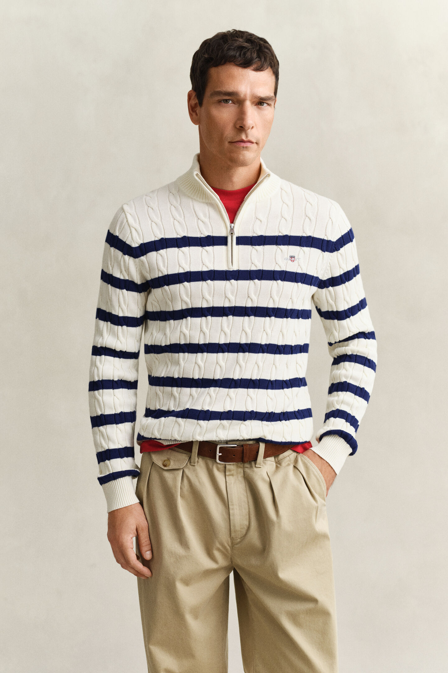 Striped Cotton Cable Knit Half-Zip Sweater